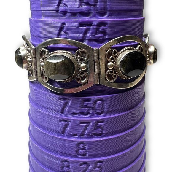 Vintage Mexico Alpaca Silver Gold Sheen Obsidian Panel Bracelet 7.25 - Picture 11 of 12